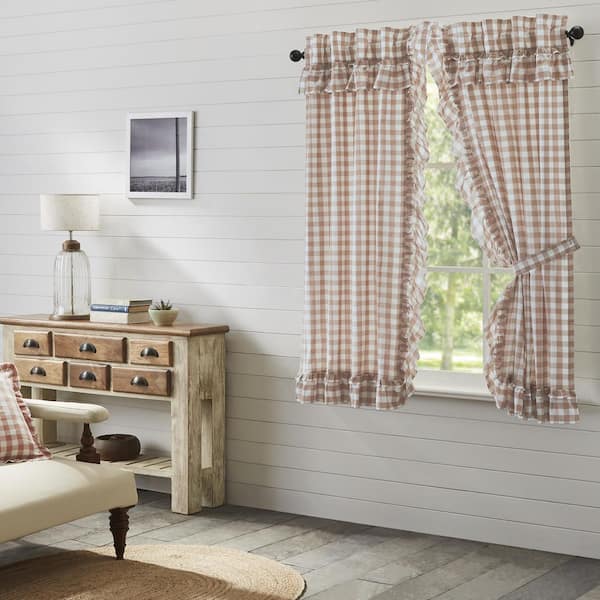 VHC BRANDS Annie Buffalo Check 36 in W x 63 in L Ruffled Light Filtering Rod Pocket Window Panel in Portabella White Pair