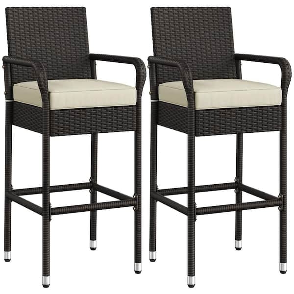 Set of 2 Outdoor PE Rattan Patio Bar Stools with Cushions