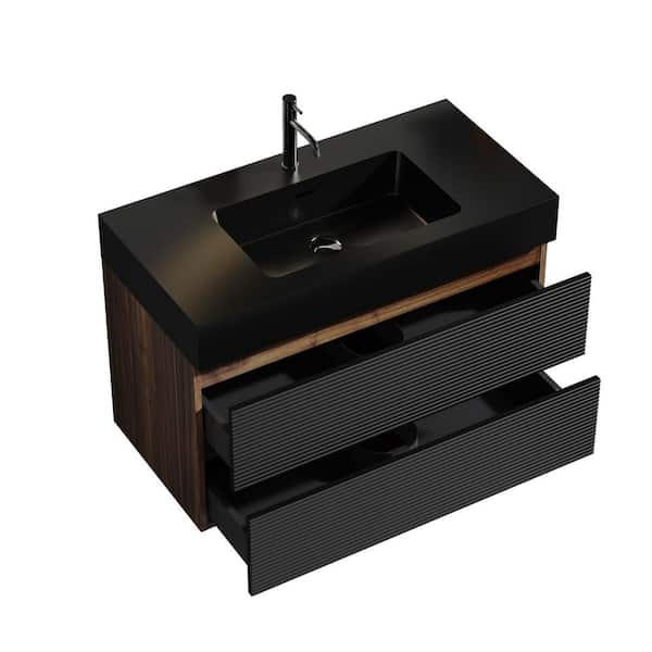 36 in. W Single Sink Floating Wall Mounted Black Bath Vanity with Black Ceramic Top and 2 Drawers