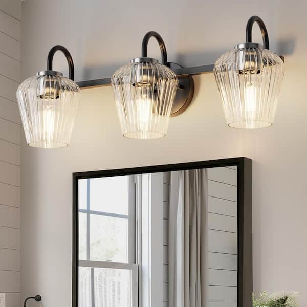 YANSUN 24 in. 3-Light Black Vanity Light with Cone Clear Glass Shades for Bathroom, Living Room, Entryway