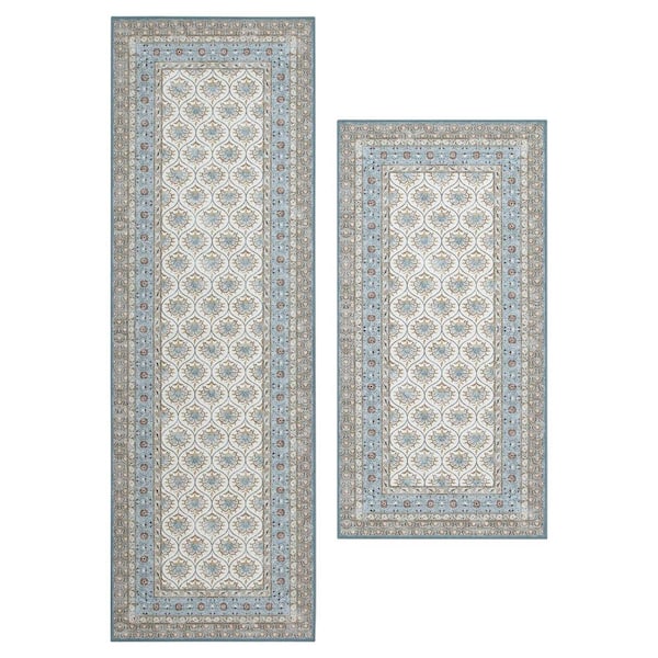 Amelia Chenille Blue 2 ft. x 6 ft. Woven Trellis Polyester 2-Piece Rug Set