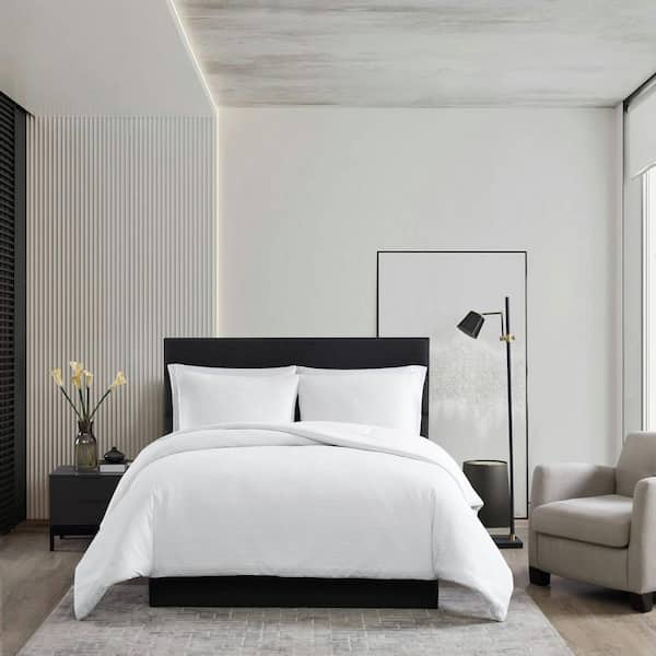 Waffle Pique 3-Piece White Solid Cotton Queen Duvet Cover Set