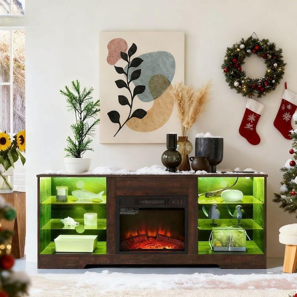 58 in. W Freestanding Wooden with LED Lights and USB Charging Outlet 3D Electric Fireplace TV Stand in Espresso