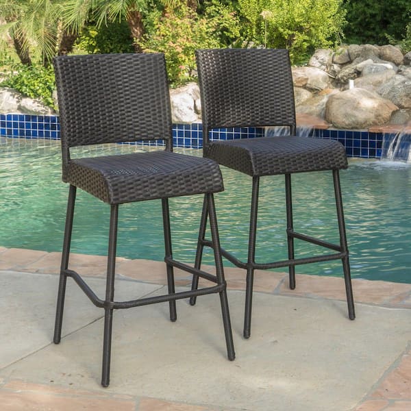 Stylish PE Rattan Armless Outdoor Bar Stool (2-Pack) for Patio Garden Backyard Easy Assembly & Durable, Dark Brown