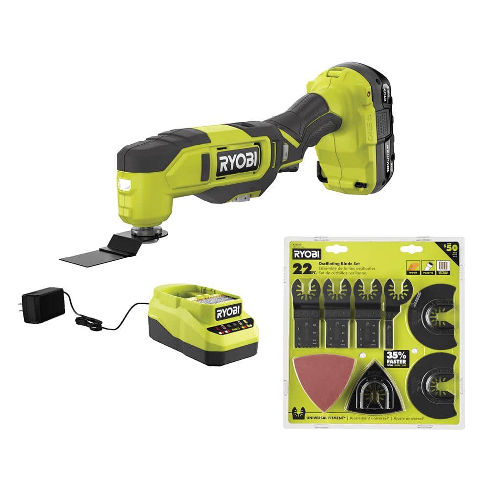 Ryobi PCL430K1-A242201 One+ 18V Cordless Multi-Tool Kit with 2.0 Ah Battery, Charger, and 22-Piece Oscillating Blade Set