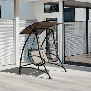 2-Person Metal Outdoor Patio Swing Chair with Adjustable Canopy in Dark Brown