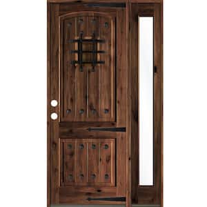 50 in. x 96 in. Medit. Knotty Alder Right-Hand/Inswing Clear Glass Red Mahogany Stain Wood Prehung Front Door w/RFSL