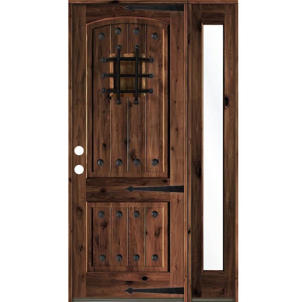 Krosswood Doors 56 in. x 96 in. Medit. Knotty Alder Right-Hand/Inswing Clear Glass Red Mahogany Stain Wood Prehung Front Door w/RFSL