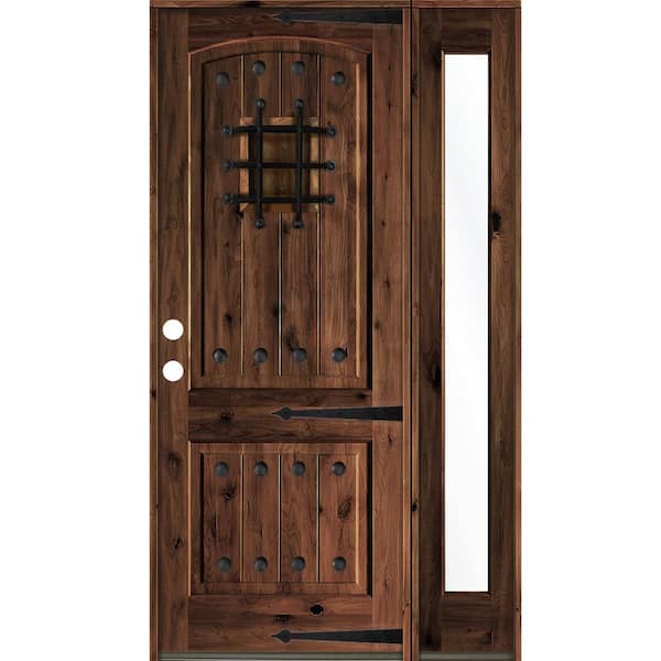 Krosswood Doors 62 in. x 96 in. Medit. Knotty Alder Right-Hand/Inswing Clear Glass Red Mahogany Stain Wood Prehung Front Door w/RFSL