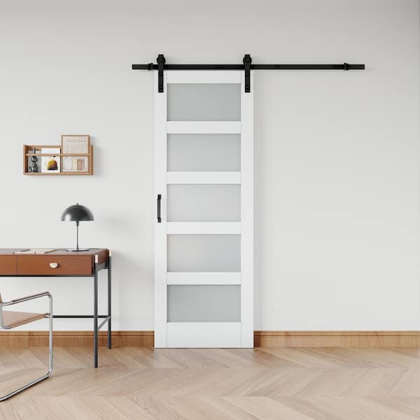 30 in. x 84 in. 5 Lite Tempered Frosted Glass White Primed MDF Wodd Sliding Barn Door with Hardware Kit and Soft Close