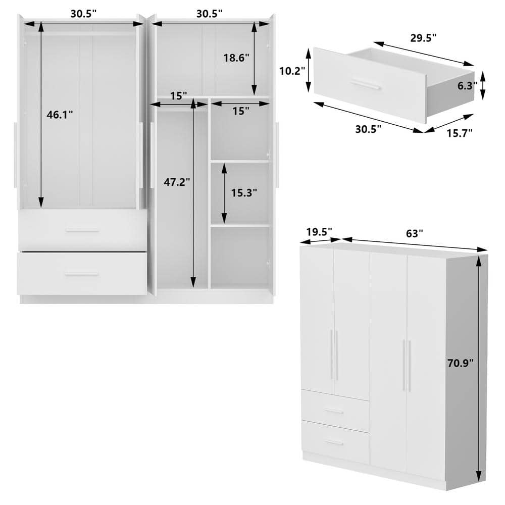 70.9 in. H x 19.5 in. D White 63 in. W 4-Door Big Wardrobe Armoires with Hanging Rods, Drawers and Storage Shelves - thumbnail 3
