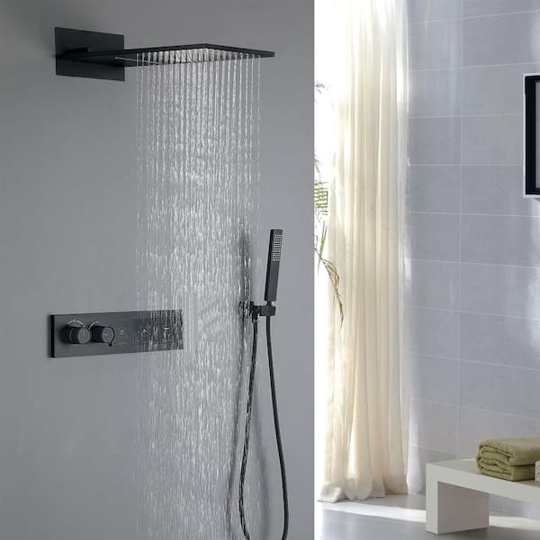 4-Spray Dual Wall Mount Fixed and Handheld Shower Head 1.59 GPM in Matte Black Thermostatic Shower System Shower Faucet