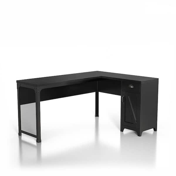Furniture of America Willetts 60.63 in. L-Shape Black PB 1-Drawer Computer Desk with Storage