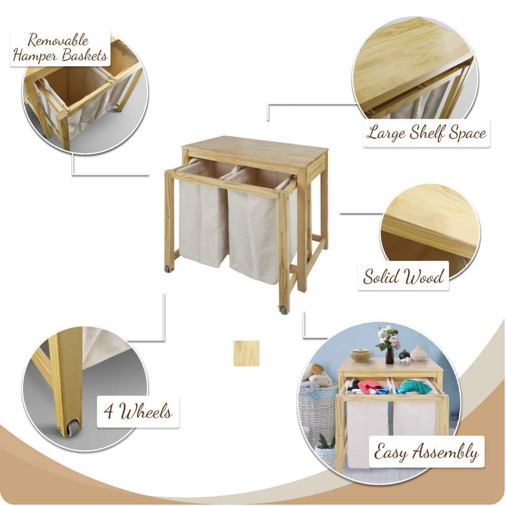 Natural Solid Wood Collapsible Laundry Hamper with Wheels