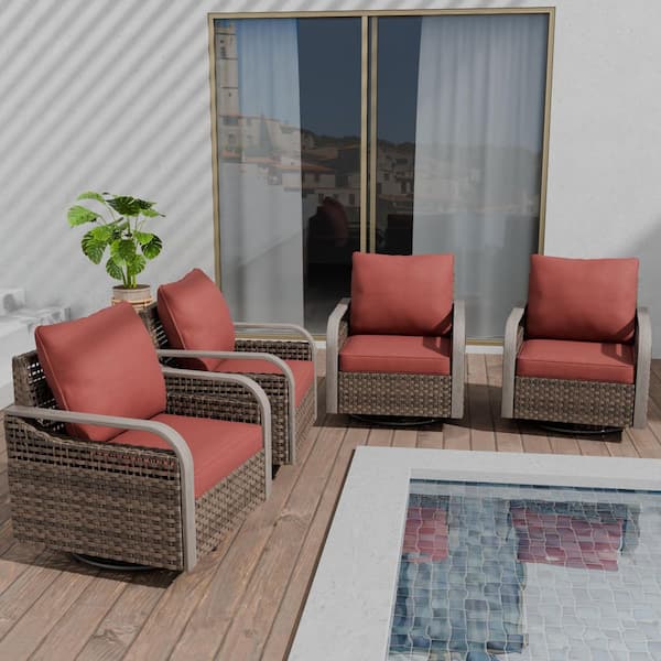 Brown Wicker Outdoor Rocking Chair Patio Swivel Chair with Red Cushions (4-Pack)