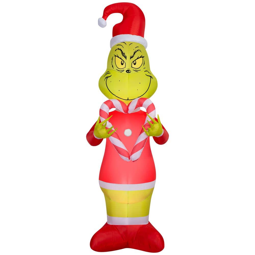 Gemmy 6.5 ft. H x 2.4 ft. Wide Airblown Grinch Holding Candy Cane