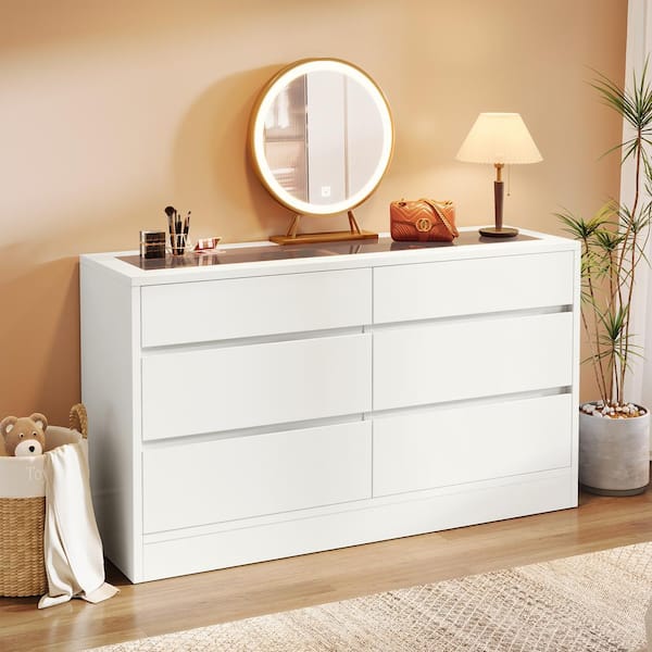 White 6 Drawer 55.12 in. Wide Chest of Drawers with Jewelry Display Storage, Modern Double Dresser with Glass Top