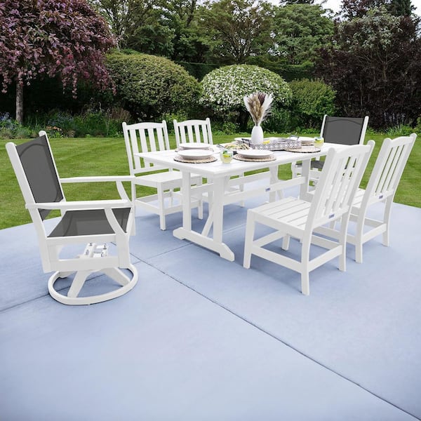 LuXeo Tuscany White 7-Piece HDPE Sling Swivel Retangle Outdoor Dining Set