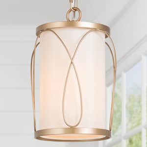 Modern Farmhouse Bedroom Pendant Light, 1-Light Gold Lantern Cage Fabric Mini Pendant