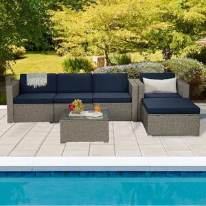 6-Piece Gray Wicker Patio Conversation Set with Navy Cushions