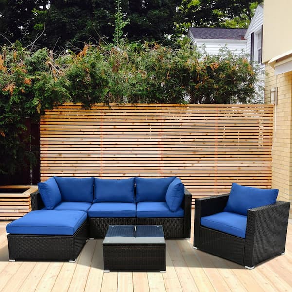 Beregning kampagne hulkende Mondawe Brown 6-Pieces Wicker Rattan Outdoor Patio Sectional Rattan Sofa Set  with Blue Cushion and Glass Table WF-TP150AAC - The Home Depot