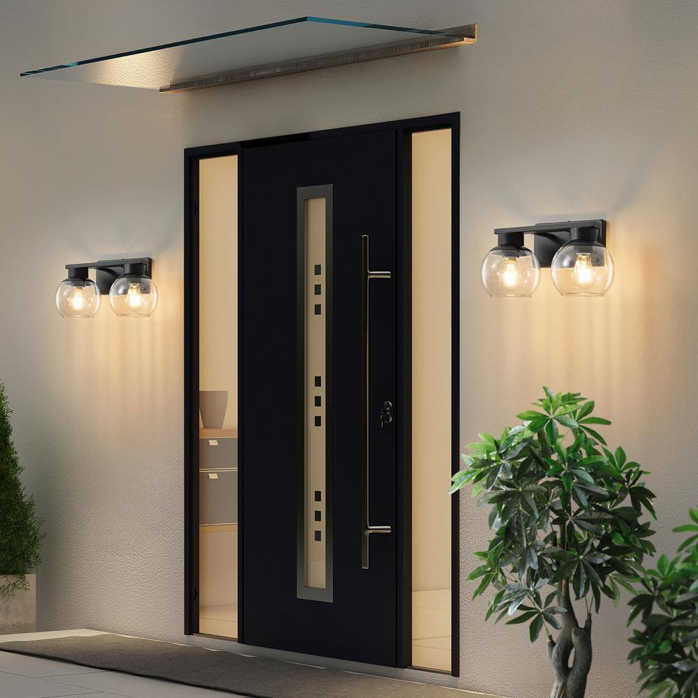 Black Metal 2-Light Bathroom Vanity Fixture with Clear Glass Shades