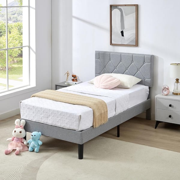 Upholstered Bed, Platform Bed with Adjustable Headboard, Wood Slat Support, No Box Spring Needed, Gray Twin Bed Frame