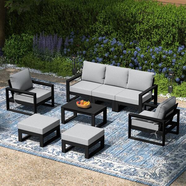Endless Black Frame w/ Light Gray Cushions Outdoor 8-Piece All Weather Plastic Sofa Lounge Chair Patio Conversation Set