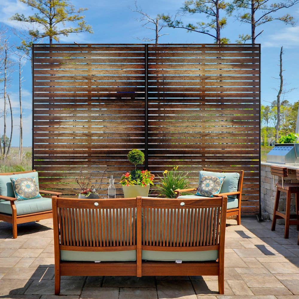 TUYOHW 47 in. W x 71 in. H. Brown Metal Privacy Screen with Wood Grain ...