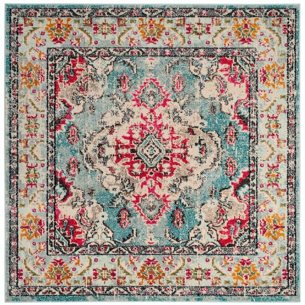 SAFAVIEH Monaco Light Blue/Fuchsia 5 ft. x 5 ft. Distressed Border Medallion Square Area Rug