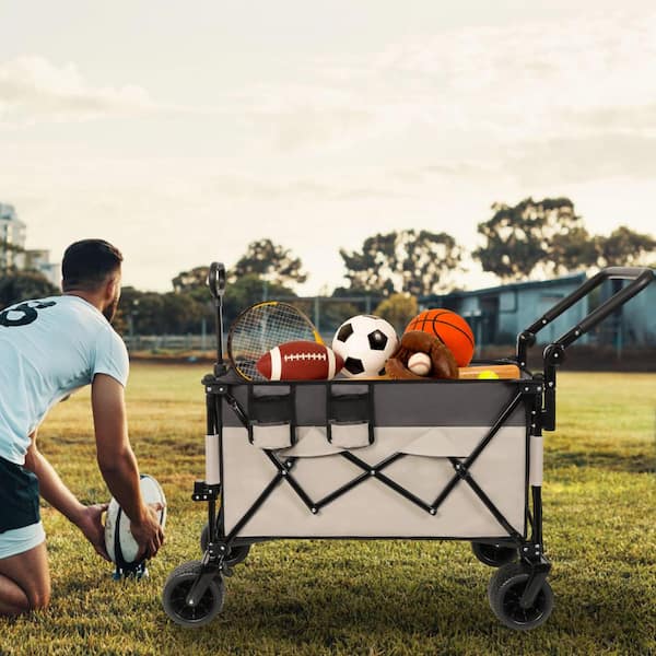 5 cu. ft. Fabric Steel Folding Garden Cart, Wagon Cart with Rotating Handle in Khaki