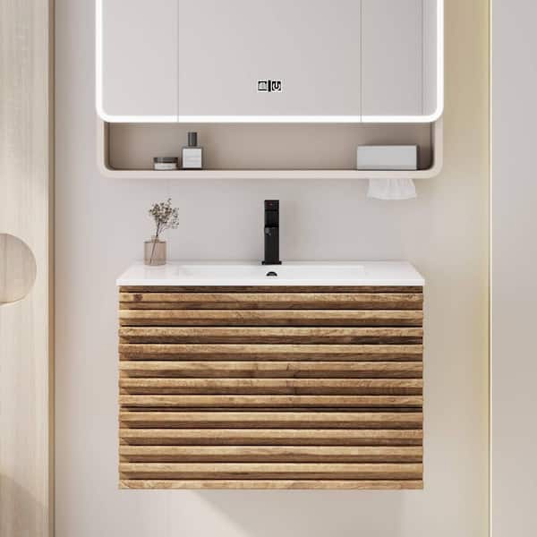 30 in. W x 18.3 in. D Single Sink Floating Oak Bath Vanity with White Integrated Advanced Composite Resin Top