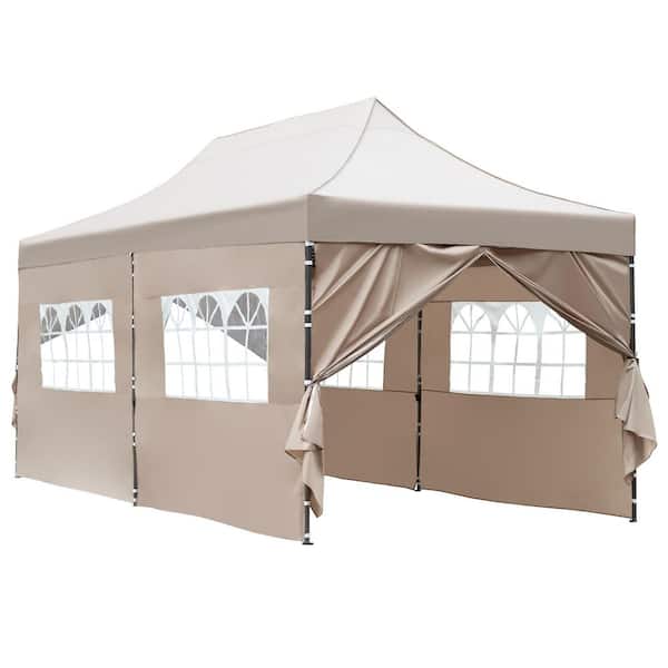 Unbranded 10 ft. x 20 ft. Khaki Pop-Up Canopy Tent with 6 Sidewalls, Height-Adjustable Heavy-Duty Party Shelter with Roller Bag
