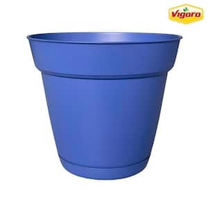 10 in. Bea Medium Blue Bell Resin Planter (10 in. D x 8.9 in. H) With Drainage Hole and Attached Saucer
