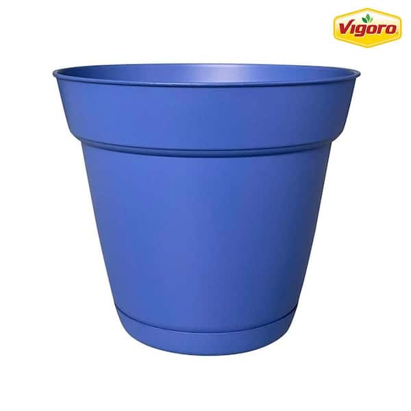 Vigoro 10 in. Bea Medium Blue Bell Resin Planter (10 in. D x 8.9 in. H) With Drainage Hole and Attached Saucer