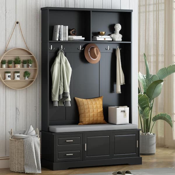 Harper & Bright Designs Black 4-in-1 Hall Tree with Storage Cabinets, Cushioned Bench, 6 Silvery Hooks and 2 Open Shelves