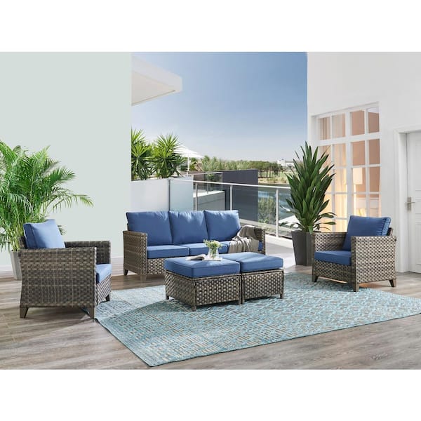 Gymojoy Riverside 5-Piece Wicker Patio Conversation Set with Olefin Blue Cushions