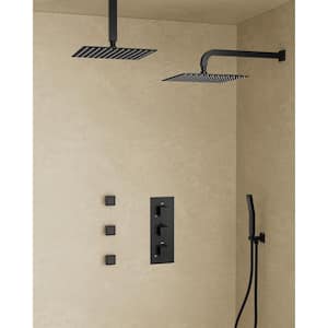 Thermostatic Valve 8-Spray 12 x 12 in. Wall Mount Dual Shower Head and Handheld Shower with 3-Jets in Matte Black