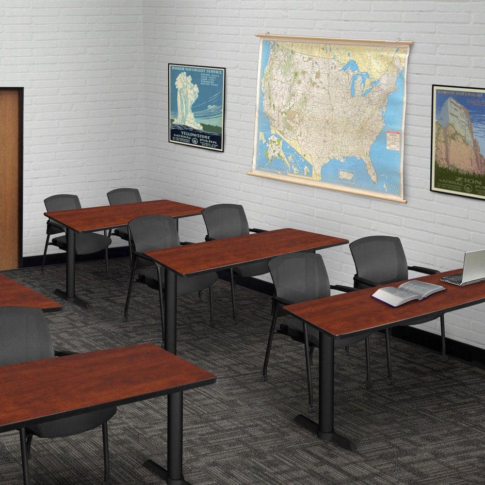 Cain 48 in. x 24 in. Cherry T-Base Training Seminar Table Desk and 2 Knight Mesh Chairs