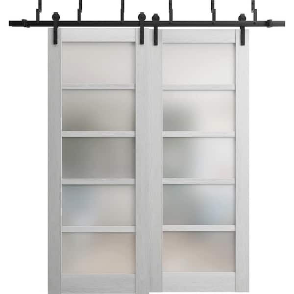 Sartodoors 36 in. x 80 in. 2 Panel Frosted Glass Light Grey Oak Solid MDF Sliding Barn Door with Hardware Kit