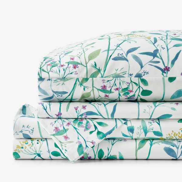 The Company Store Legends Hotel Spring Floral Vine Wrinkle-Free Sateen White Multi Sateen Queen Sheet Set