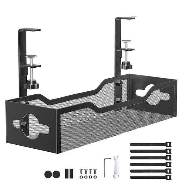 Under Desk Metal Mesh Cable Management Tray with Clamp Mount, No Drill, 2 Hole Cord Organizer for Home Office Desk