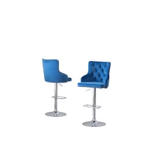 Alexa 40 in.-48 in. Navy Blue Adjustable Bar Stool Chair w/ Silver Chrome Base and Nail Head Trim (Set of 2)