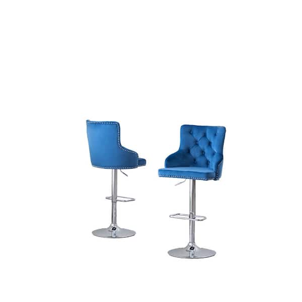 Best Quality Furniture Alexa 40 in.-48 in. Navy Blue Adjustable Bar Stool Chair w/ Silver Chrome Base and Nail Head Trim (Set of 2)
