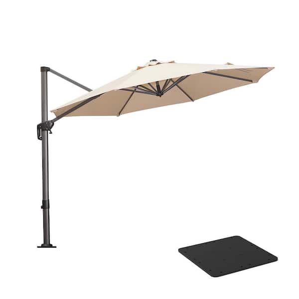 PURPLE LEAF 10 ft. Octagon Aluminum Outdoor Patio Cantilever Umbrella Offset 360-Degree Rotation Umbrella with Base Plate, Beige