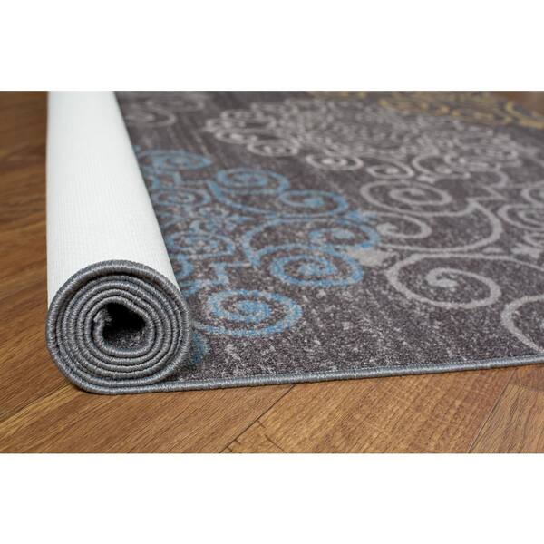 Contemporary Floral Non-Slip (Non-Skid) Gray 5 ft. 3 in. x 7 ft. 3 in. Indoor Area Rug