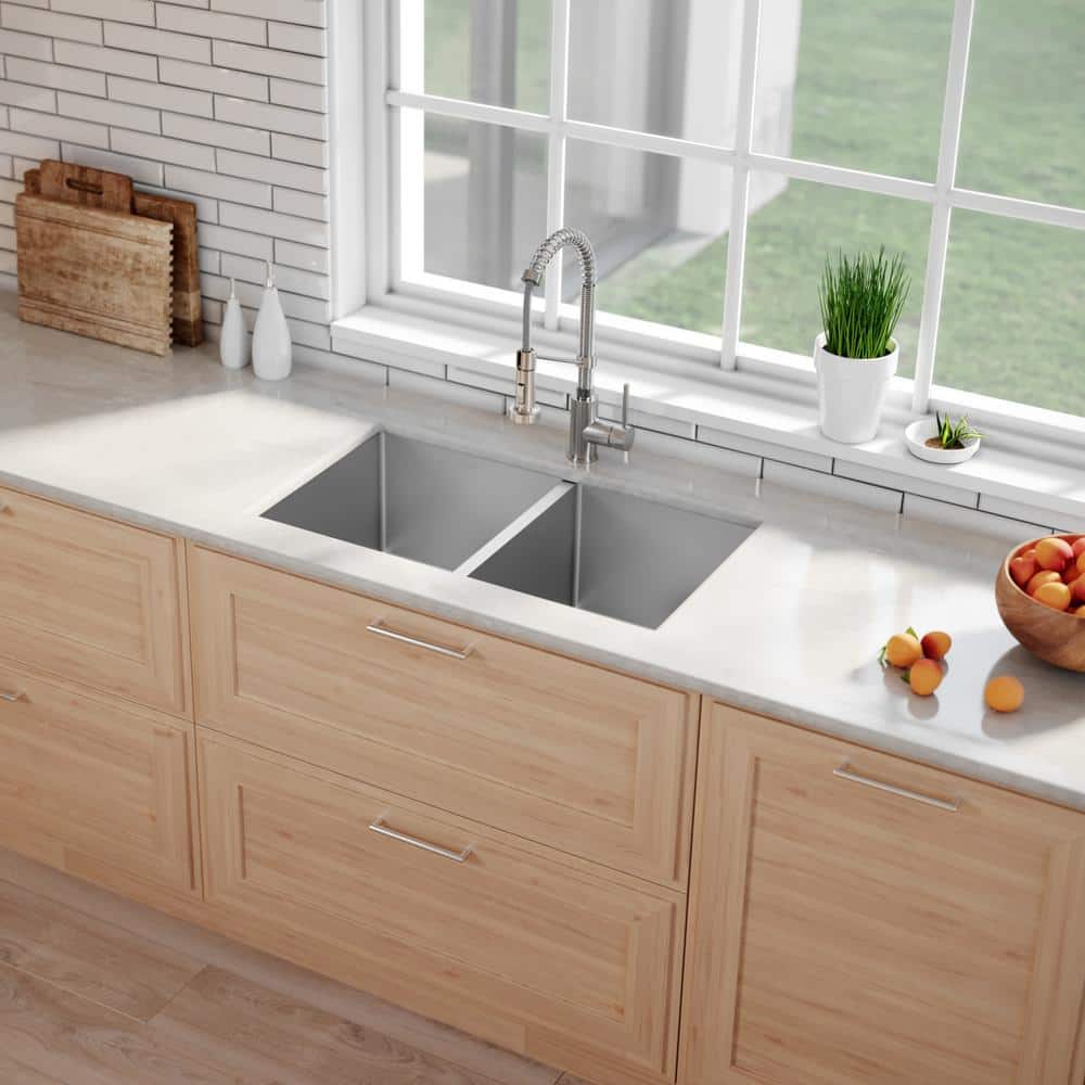 Kraus 33" Satin Stainless Steel Double Bowl Undermount Kitchen Sink
