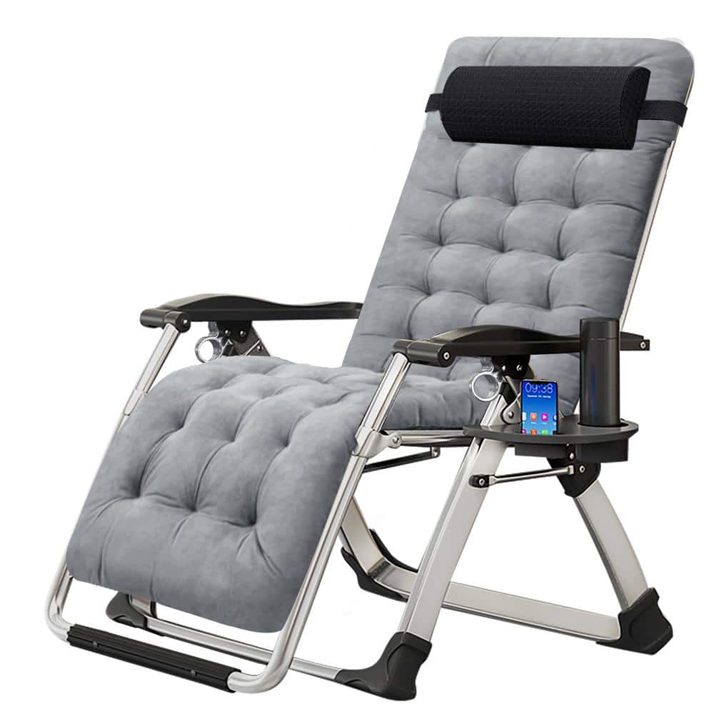 BOZTIY Folding Zero Gravity Metal Frame Recliner Outdoor Lounge Chair with Side Tray, Adjustable Headrest, Linen Gray Cushion