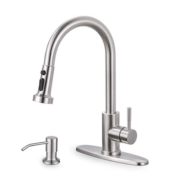VEVETTA Single Handle Pull Down Sprayer Kitchen Faucet with 3-Mode Sprayer and Soap Dispenser in Brushed Nickel