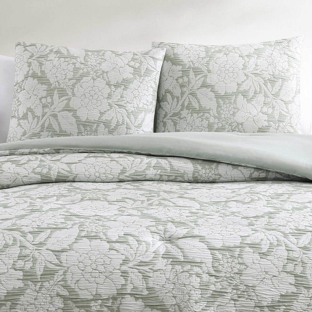 Sage Green Floral Reversible Full Bedding Set with Matelasse Weave
